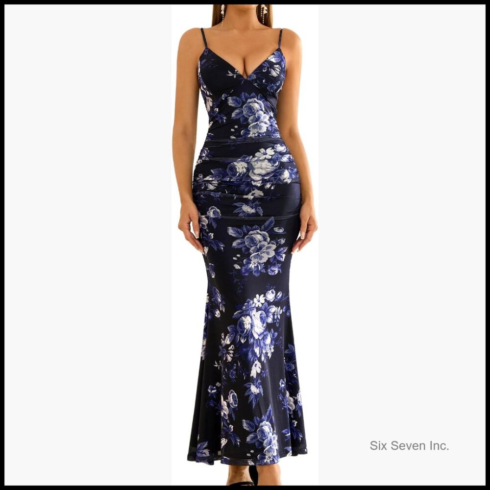 Floral Maxi Dress Bodycon Spaghetti Strap V Neck Formal Wedding Guest